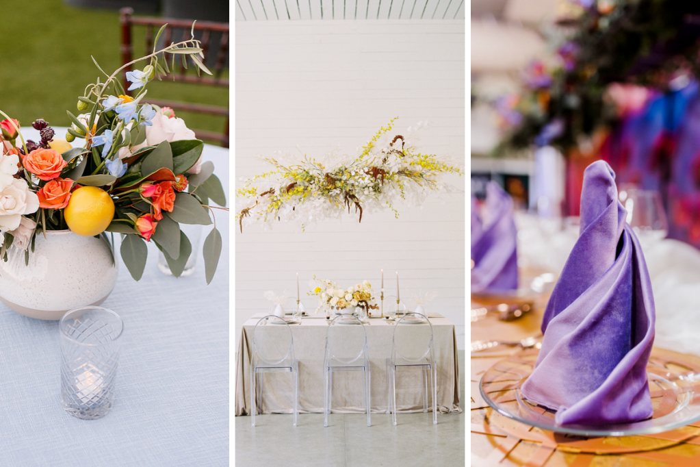 Light sky blue tablecloth, cream and mustard modern wedding, and lavender velvet napkin