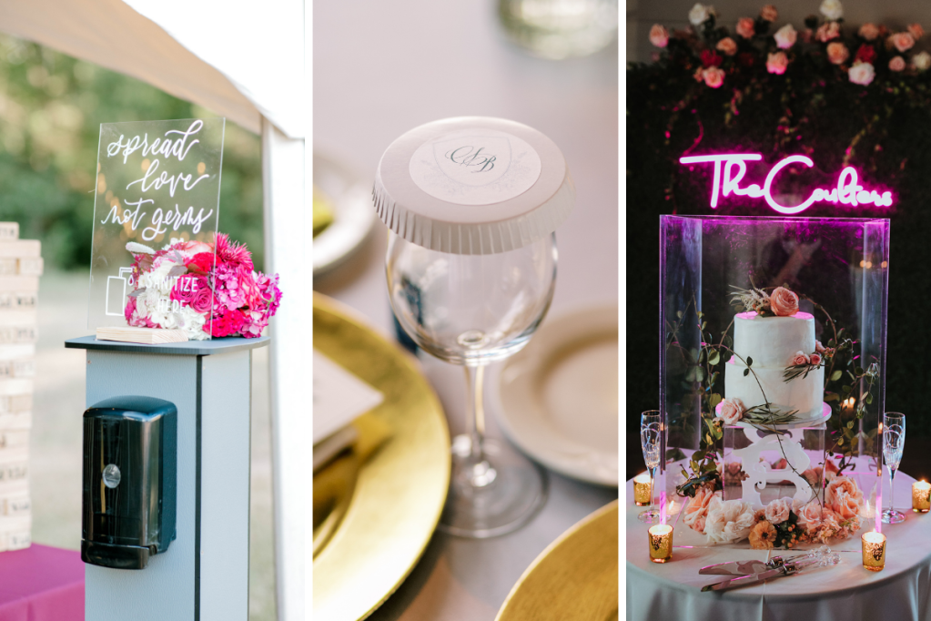 Hand sanitizer station, spread love not germs, wine glass with paper glass cover, and wedding cake surrounded by lucite cover