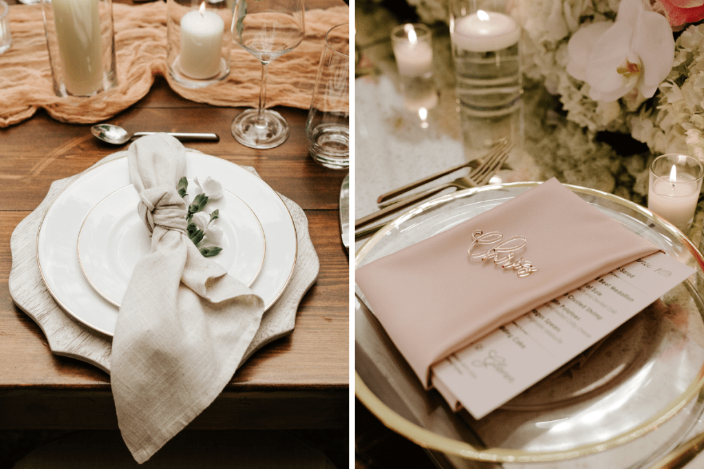 Place settings with a scalloped whitewash wooden charger and a glass charger with gold band