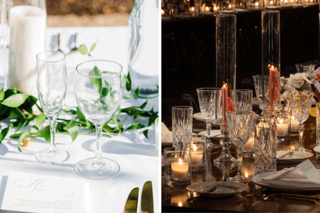 Simple wine and champagne glassware and cut crystal glassware at two table settings