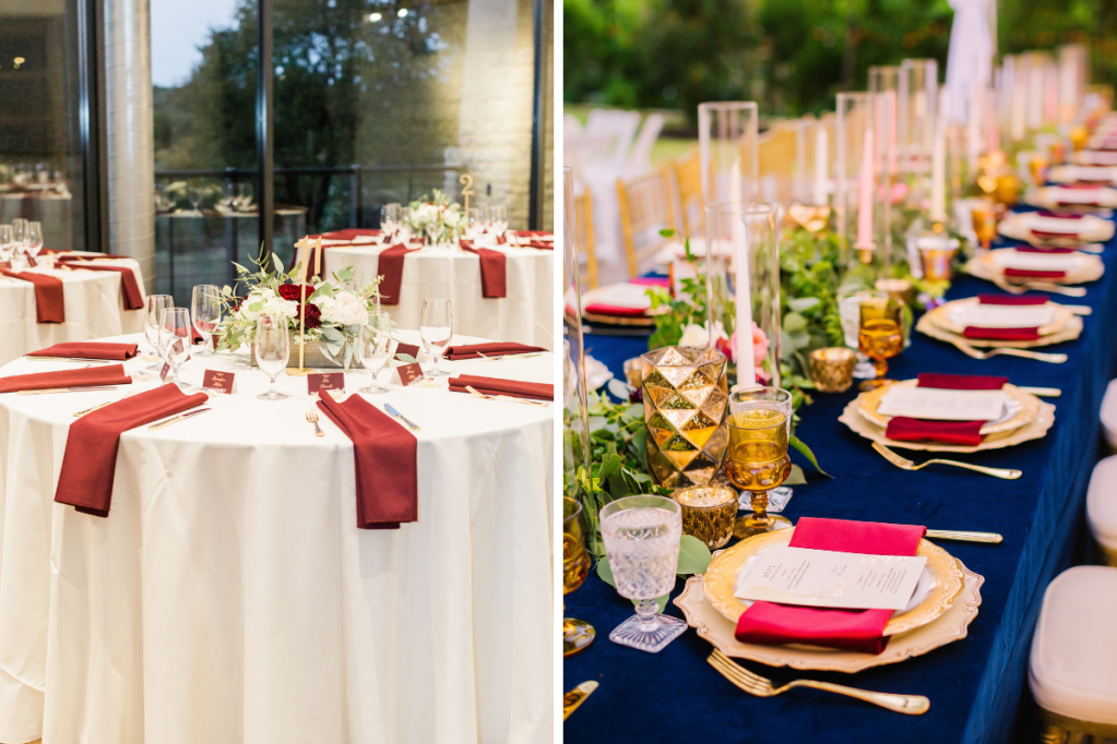 Wedding Reception with ivory and burgundy polyester linens next to a banquet table with navy velvet linen and burgundy velvet napkins