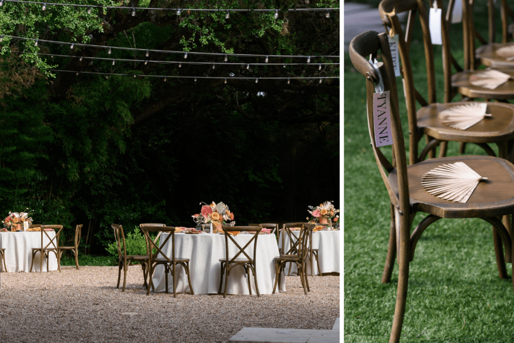 Wooden Crossback Cafe Chairs at outdoor wedding reception and with assigned ceremony seating