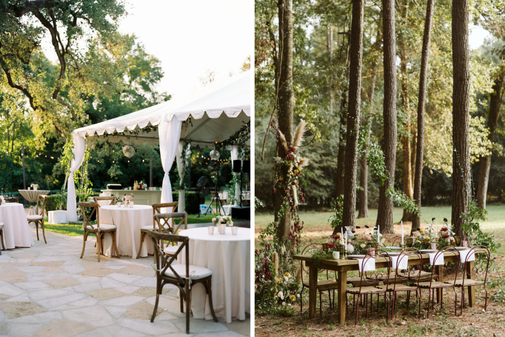 Outdoor wedding with a tent and and with a farm table reception in the woods.